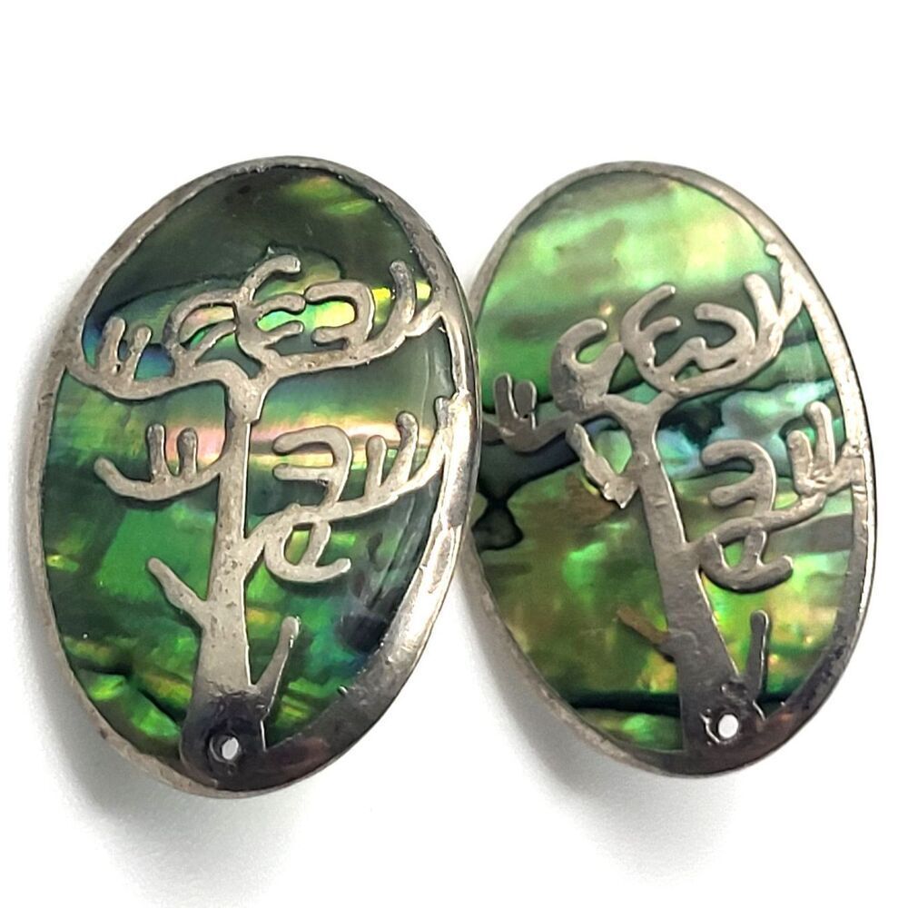 Vintage 70s Abalone Tree Stud Post Back Earrings Sterling Silver 1.25in